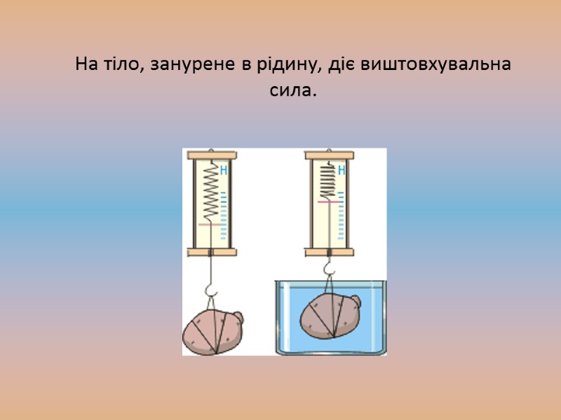 На тіло, занурене в рідину, діє виштовхувальна сила.